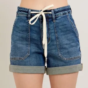 Judy Blue High-Rise Drawstring Waist Relaxed Fit Retro Denim Cuffed Jean Shorts