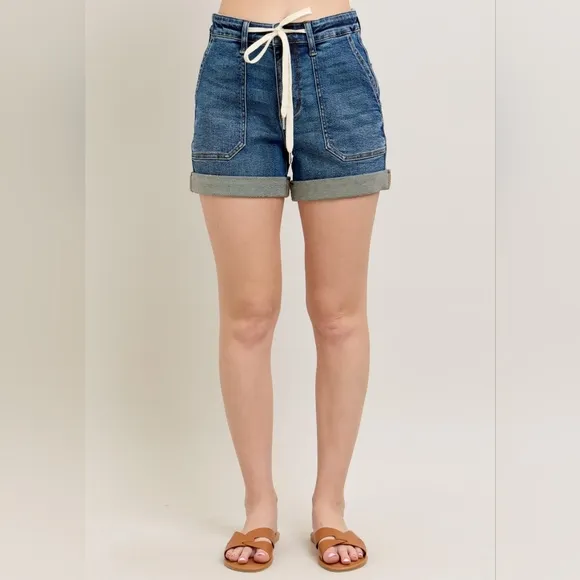 Judy Blue High-Rise Drawstring Waist Relaxed Fit Retro Denim Cuffed Jean Shorts
