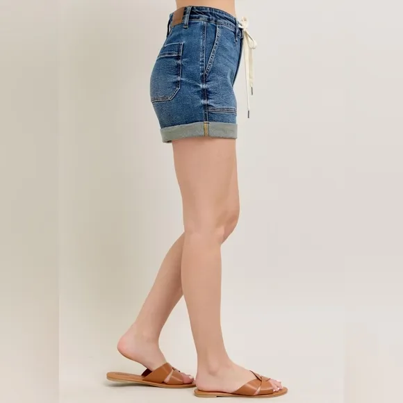 Judy Blue High-Rise Drawstring Waist Relaxed Fit Retro Denim Cuffed Jean Shorts