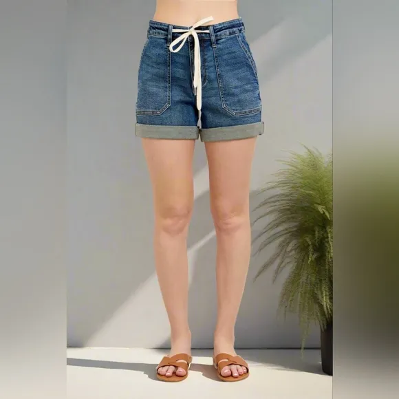 Judy Blue High-Rise Drawstring Waist Relaxed Fit Retro Denim Cuffed Jean Shorts