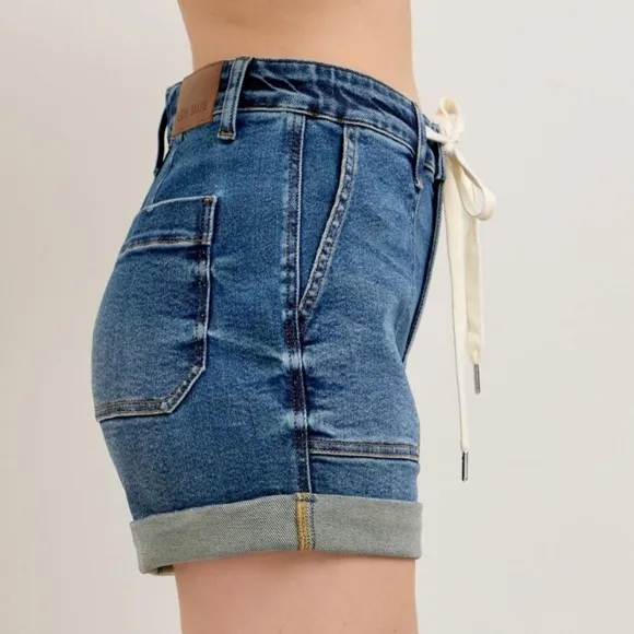 Judy Blue High-Rise Drawstring Waist Relaxed Fit Retro Denim Cuffed Jean Shorts