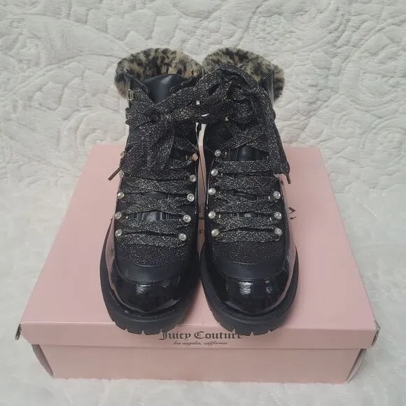Juicy Couture Ankle Booties Black Patent Leopard Faux Fur Indulgence 7 New OOS