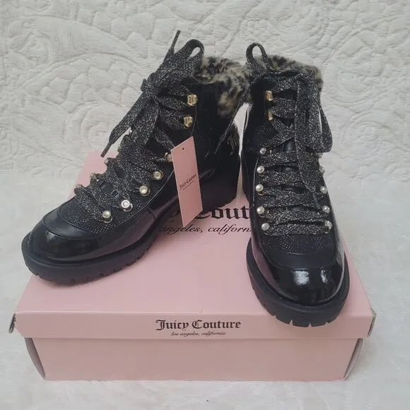Juicy Couture Ankle Booties Black Patent Leopard Faux Fur Indulgence 7 New OOS
