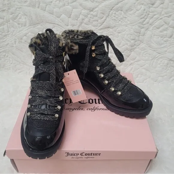 Juicy Couture Ankle Booties Black Patent Leopard Faux Fur Indulgence 7 New OOS