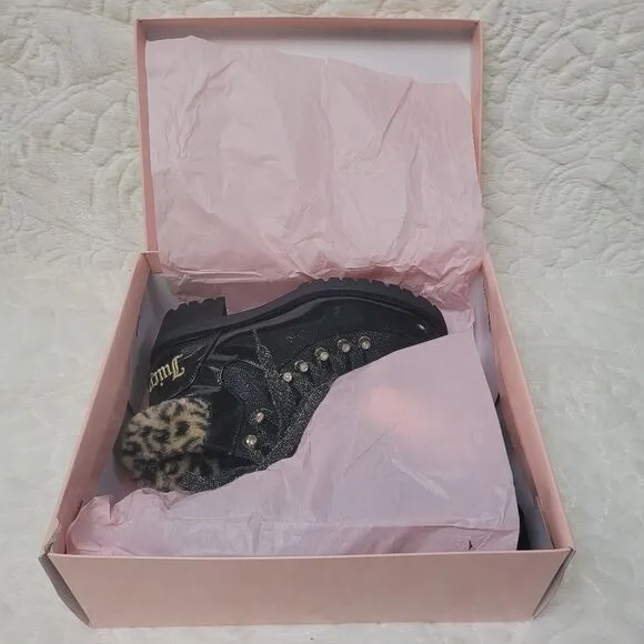 Juicy Couture Ankle Booties Black Patent Leopard Faux Fur Indulgence 7 New OOS