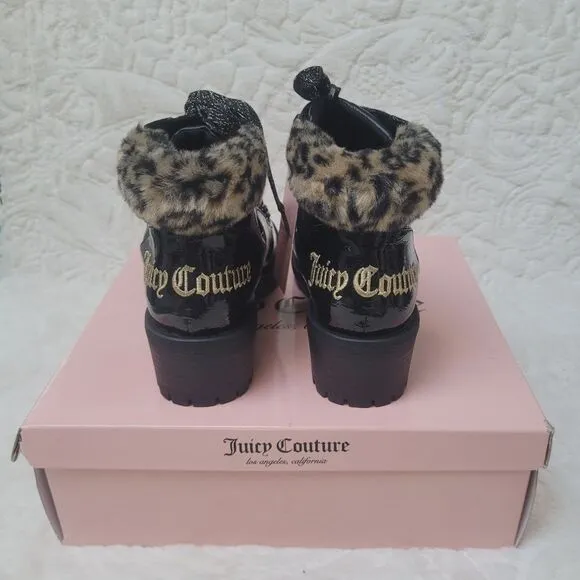 Juicy Couture Ankle Booties Black Patent Leopard Faux Fur Indulgence 7 New OOS