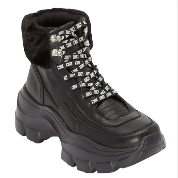Juicy Couture EMMIE Y2K Black Faux Fur Lace Up Boots