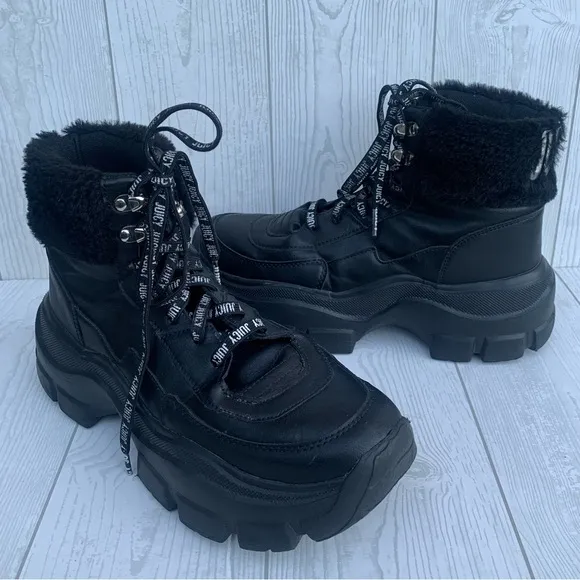 Juicy Couture EMMIE Y2K Black Faux Fur Lace Up Boots
