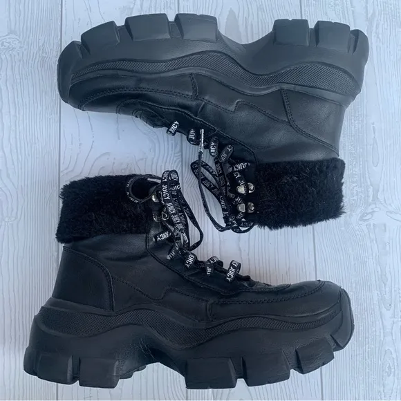 Juicy Couture EMMIE Y2K Black Faux Fur Lace Up Boots