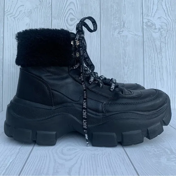 Juicy Couture EMMIE Y2K Black Faux Fur Lace Up Boots