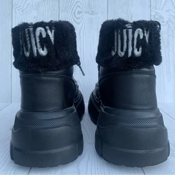 Juicy Couture EMMIE Y2K Black Faux Fur Lace Up Boots