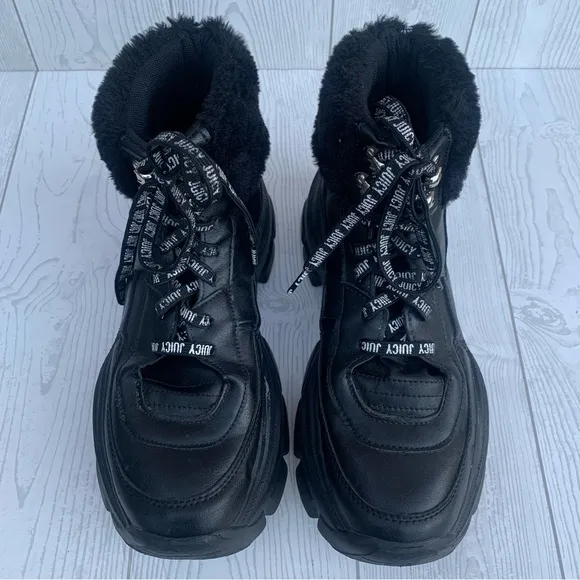 Juicy Couture EMMIE Y2K Black Faux Fur Lace Up Boots
