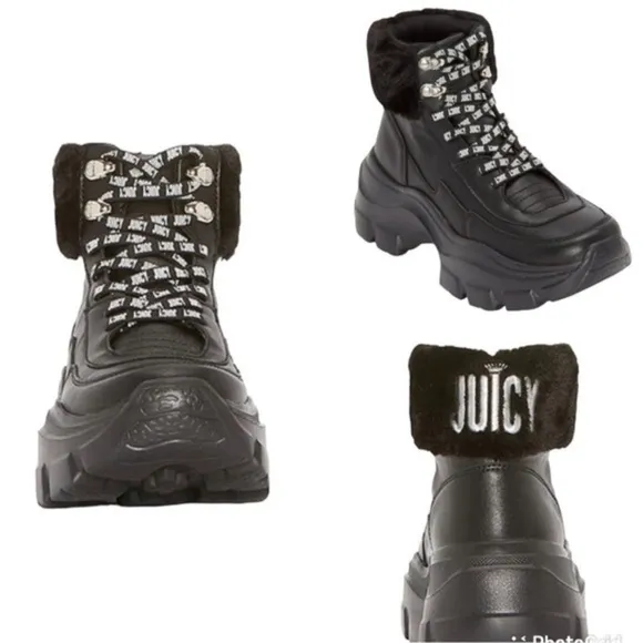 Juicy Couture EMMIE Y2K Black Faux Fur Lace Up Boots