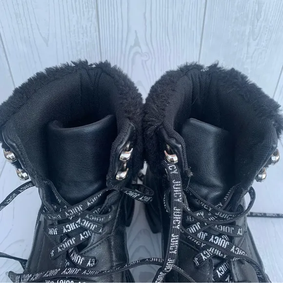 Juicy Couture EMMIE Y2K Black Faux Fur Lace Up Boots