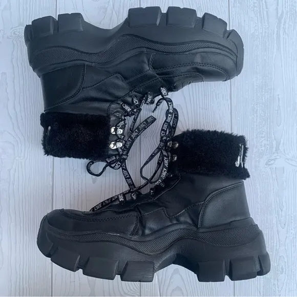 Juicy Couture EMMIE Y2K Black Faux Fur Lace Up Boots