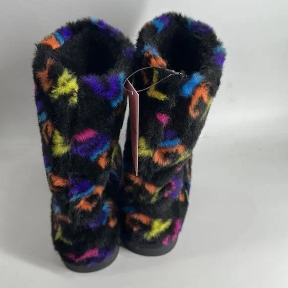 Juicy Couture faux fur boots pull on rainbow spellout y2k bootie sz 9 NWT
