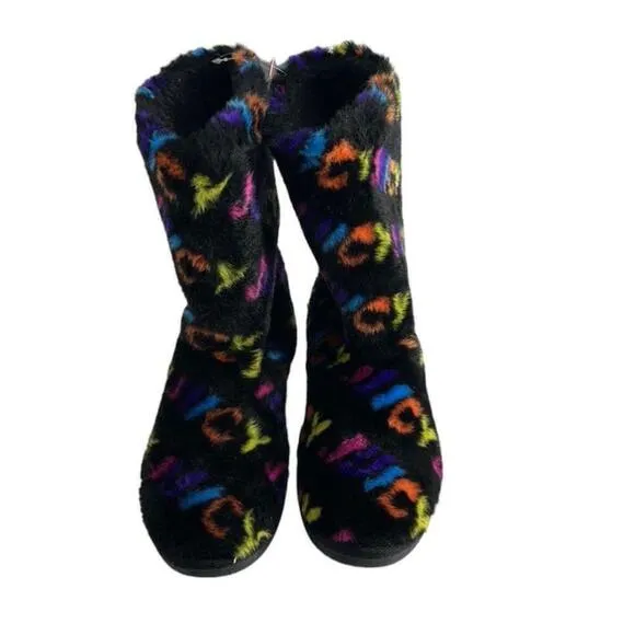 Juicy Couture faux fur boots pull on rainbow spellout y2k bootie sz 9 NWT