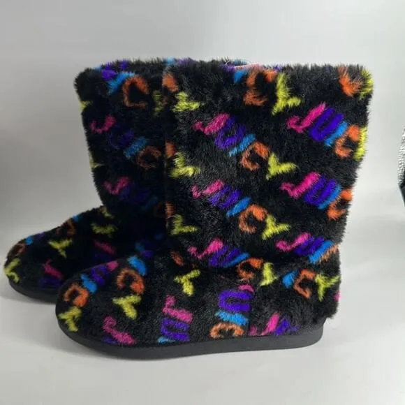 Juicy Couture faux fur boots pull on rainbow spellout y2k bootie sz 9 NWT