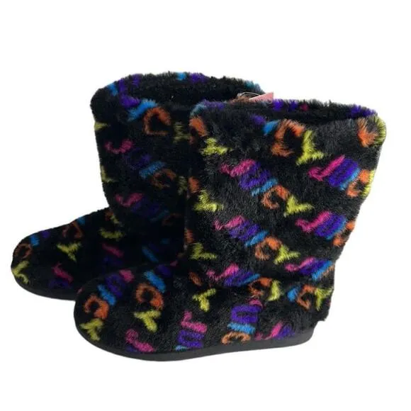 Juicy Couture faux fur boots pull on rainbow spellout y2k bootie sz 9 NWT
