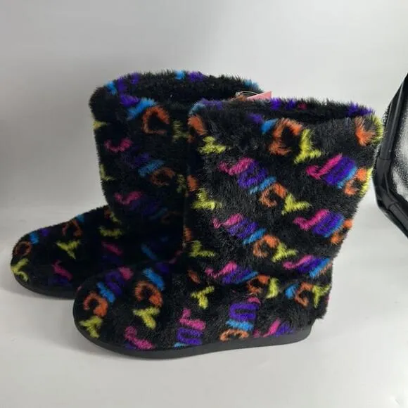 Juicy Couture faux fur boots pull on rainbow spellout y2k bootie sz 9 NWT