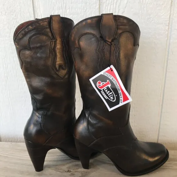 Justin Womens Burnished Brown Leather Euro High Heel Western Boots 11 B 7976