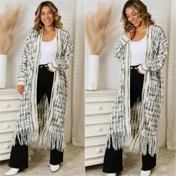 Kaleidoscope Fringe Long Cardigan - Black / White