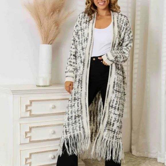 Kaleidoscope Fringe Long Cardigan - Black / White
