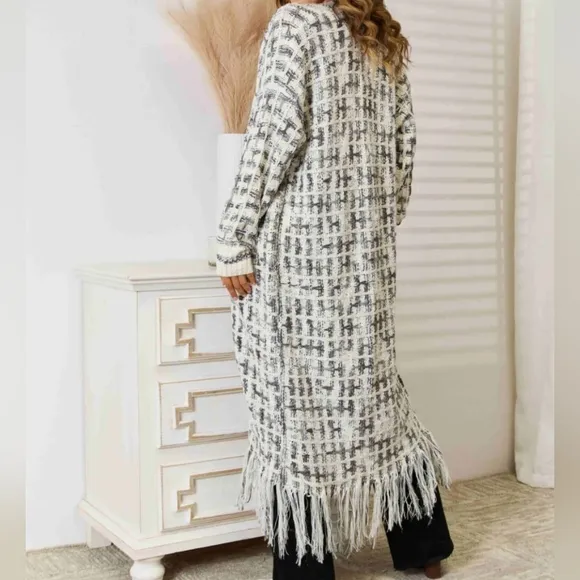 Kaleidoscope Fringe Long Cardigan - Black / White