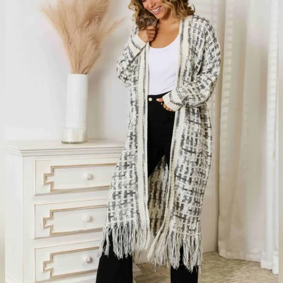 Kaleidoscope Fringe Long Cardigan - Black / White