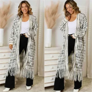 Kaleidoscope Fringe Long Cardigan - Black / White