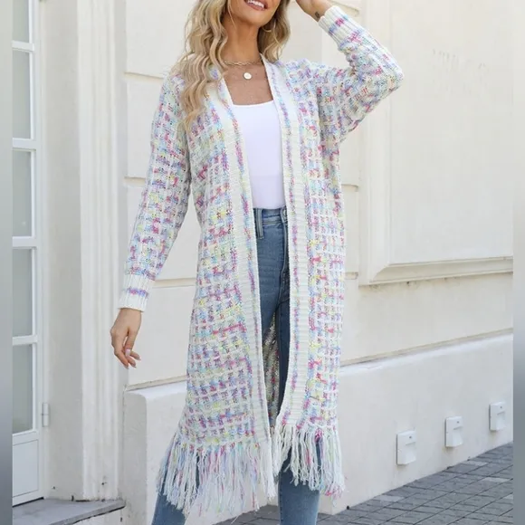 Kaleidoscope Fringe Long Cardigan - Cream