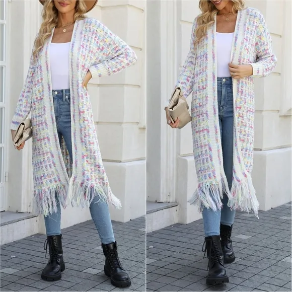 Kaleidoscope Fringe Long Cardigan - Cream