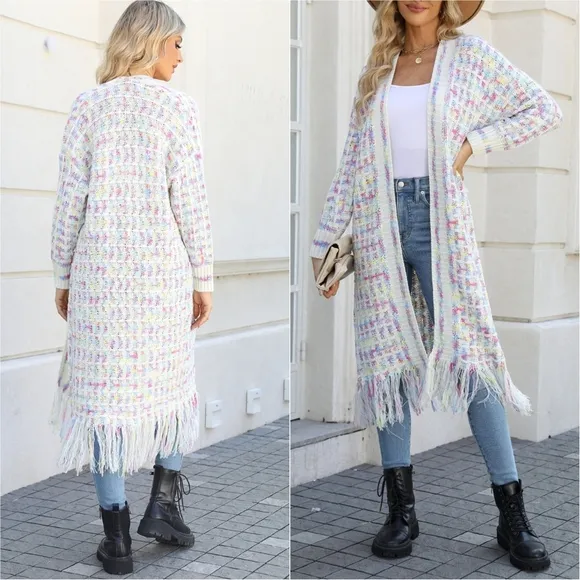 Kaleidoscope Fringe Long Cardigan - Cream