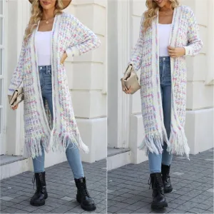 Kaleidoscope Fringe Long Cardigan - Cream