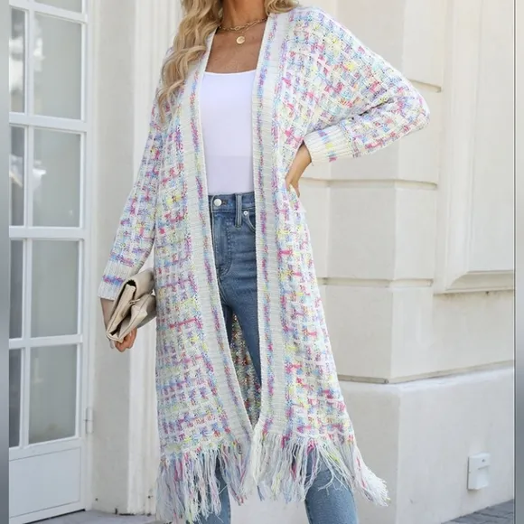 Kaleidoscope Fringe Long Cardigan - Cream