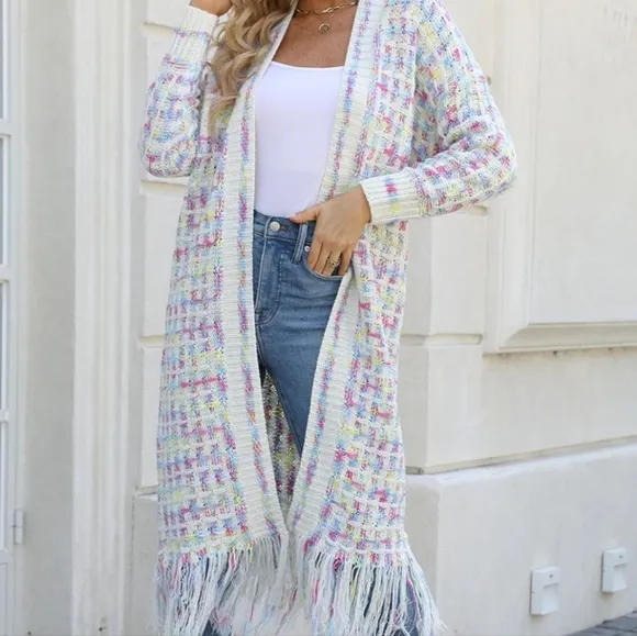 Kaleidoscope Fringe Long Cardigan - Cream
