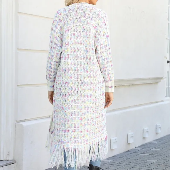 Kaleidoscope Fringe Long Cardigan - Cream