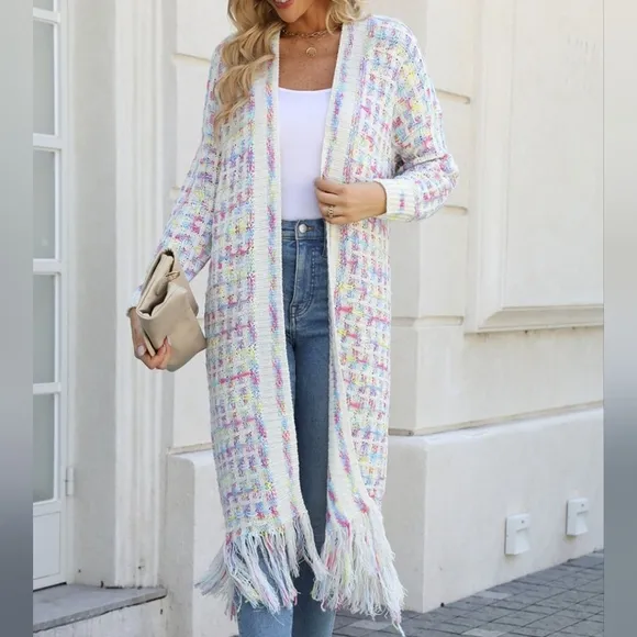 Kaleidoscope Fringe Long Cardigan - Cream