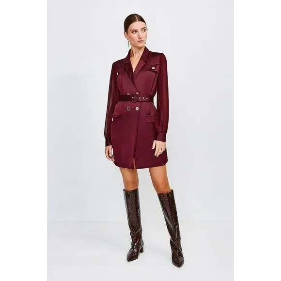 Karen Millen Sheer and Opaque Belted Dress in Burgundy Size 10 Mini Long Sleeve