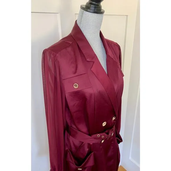 Karen Millen Sheer and Opaque Belted Dress in Burgundy Size 10 Mini Long Sleeve