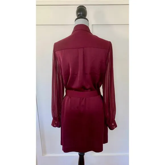 Karen Millen Sheer and Opaque Belted Dress in Burgundy Size 10 Mini Long Sleeve