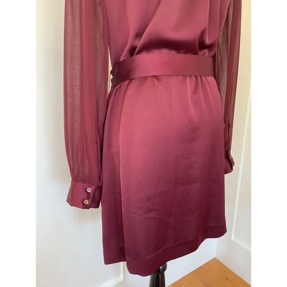 Karen Millen Sheer and Opaque Belted Dress in Burgundy Size 10 Mini Long Sleeve