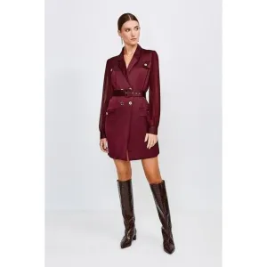Karen Millen Sheer and Opaque Belted Dress in Burgundy Size 10 Mini Long Sleeve