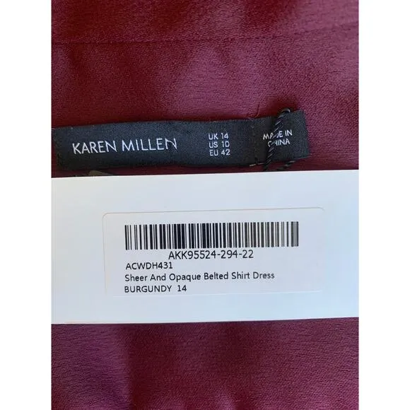 Karen Millen Sheer and Opaque Belted Dress in Burgundy Size 10 Mini Long Sleeve