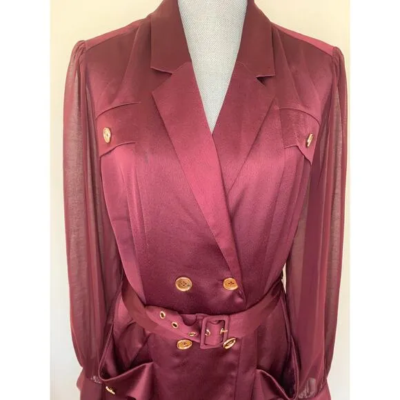 Karen Millen Sheer and Opaque Belted Dress in Burgundy Size 10 Mini Long Sleeve