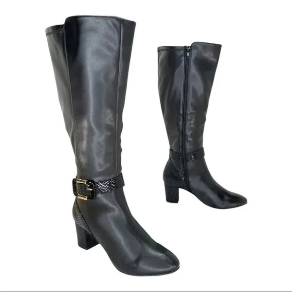 Karen Scott Isabell Black Faux Stretch Leather Wide Calf Womens Boots Size 6.5M