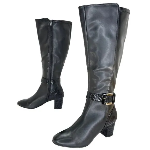 Karen Scott Isabell Black Faux Stretch Leather Wide Calf Womens Boots Size 6.5M