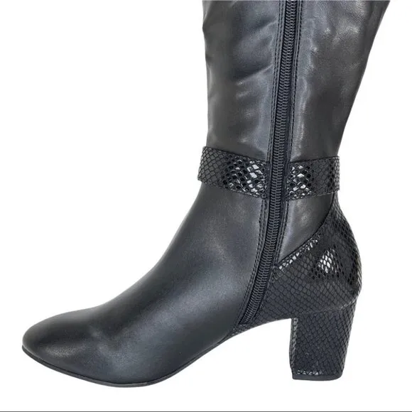 Karen Scott Isabell Black Faux Stretch Leather Wide Calf Womens Boots Size 6.5M