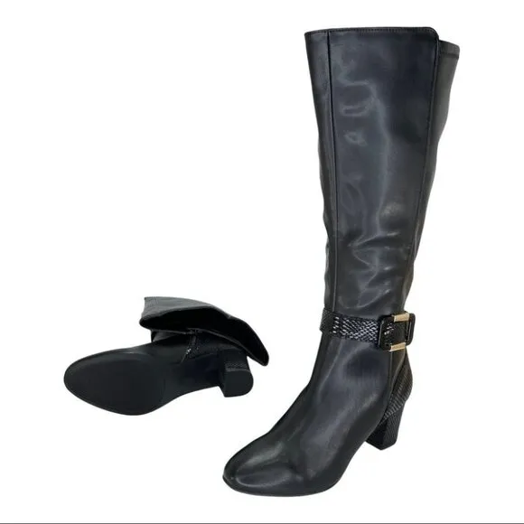 Karen Scott Isabell Black Faux Stretch Leather Wide Calf Womens Boots Size 6.5M