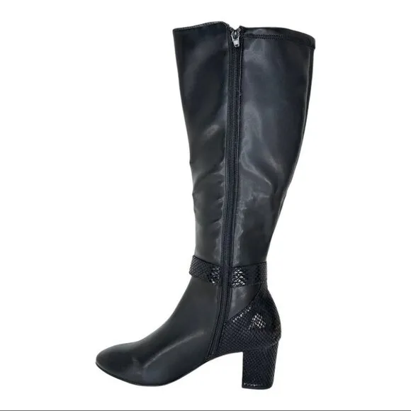 Karen Scott Isabell Black Faux Stretch Leather Wide Calf Womens Boots Size 6.5M